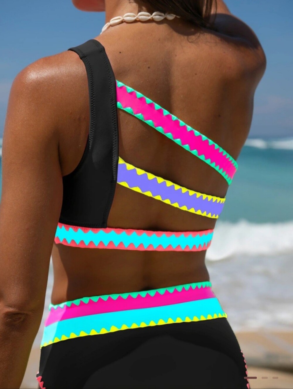 NWT: POPVIL One-Shoulder Black Bikini with Pink and Aqua Trim